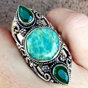 New Amazonite & Green Onyx 925 Silver Statement Ring.